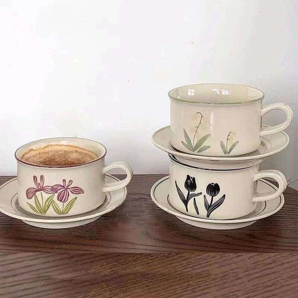 Clay Hand-painted Style Vintage Ceramic Coffee Suit Afternoon Tea Tulip Lily Cup And Saucer Set 26W0211