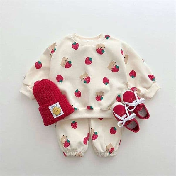 New Spring Autumn Baby Strawberry Bear Pattern Clothing Set Girls Long Sleeve Tops And Pants 2 Pieces Suit Clothes 26H0211
