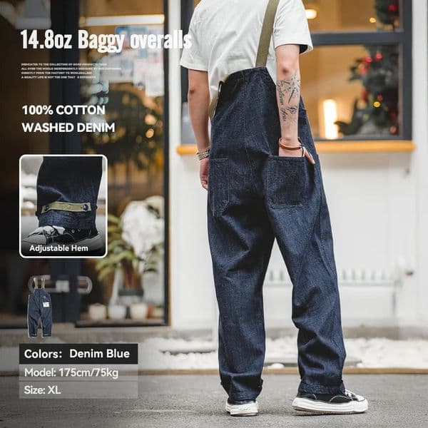 Maden Vintage Unisex Denim Overalls Baggy Fit Navy Deck Jumpsuits Couple Cotton Wideleg Oversize Jeans for Autumn and Winter 251226