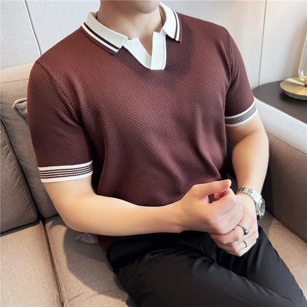 Knitted Polo Shirt Short Sleeved British Style High Stretch Summer Ice Silk Light Thin Solid Casual T-shirt Trendy Men Clothing 260207BJ
