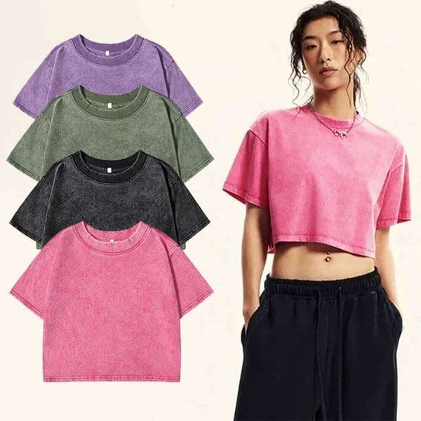 Solid Color Slim Washed T-Shirt Women Fashion Soft Cotton Tee ShirtS Casual Sport Short Sleeve Cool Retro Clothing Female 26W0211