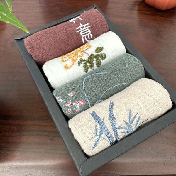 Embroidered Cotton-Linen Absorbent Towel, Thickened Japanese Zen-Style Cleaning Table Cloth, Kung Fu Tea B5