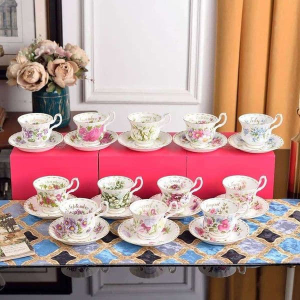 Royal Bone China Floral Month Set Flower Afternoon Tea Coffee Cup Saucer Gift Box For Home Luxury 26W0211