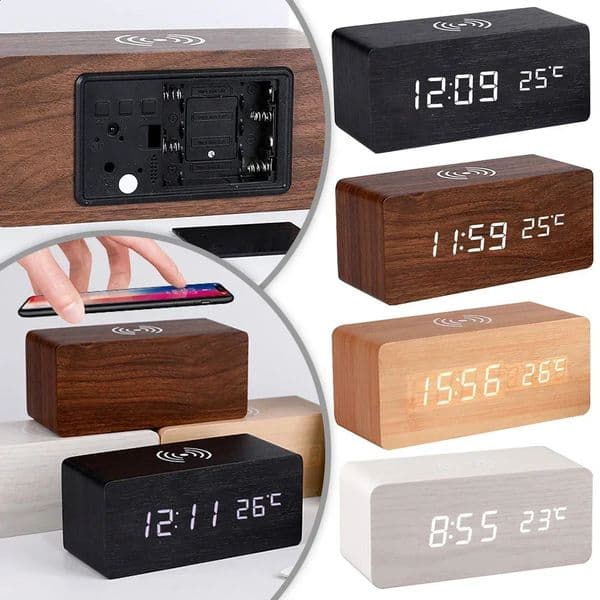 Modern Wooden Wood Digital LED Desk Alarm Clock Thermometer Wireless Charger With Qi Wireless Charging Pad Alarm Clock LED 260208