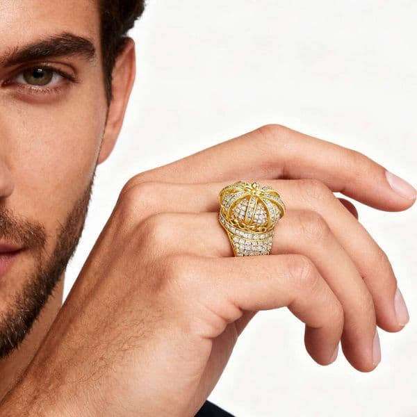 Jewelry Exclusive Europe and America Flashing & Crown for Men Electroplated 18k Gold Inlaid with Zirconia High-End Hip-Hop Ring