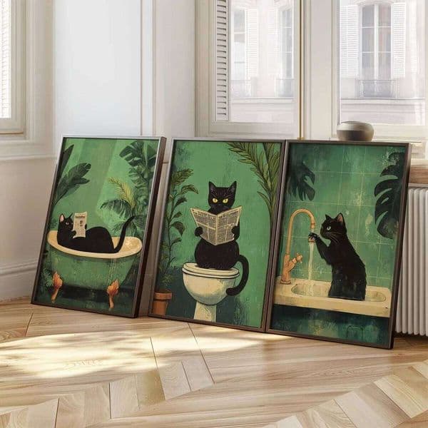 Funny Black Cat Canvas Poster Retro Animal Toilet Wall Art Prints for Modern Living Room Bedroom Bathroom Home Decor 26Y0210