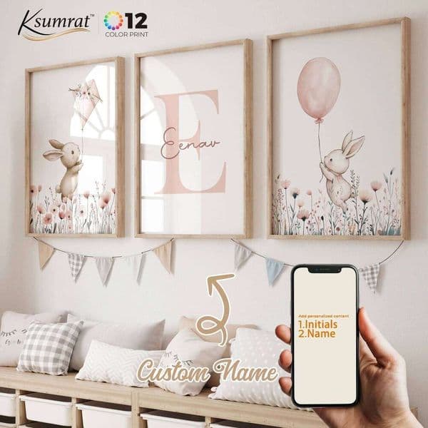 3pcs Pink Rabbit Play Warm Heart Gift Custom Name Wall Art Prints Canvas Painting Poster Picture For Kids Room Home Decor 26Y0210