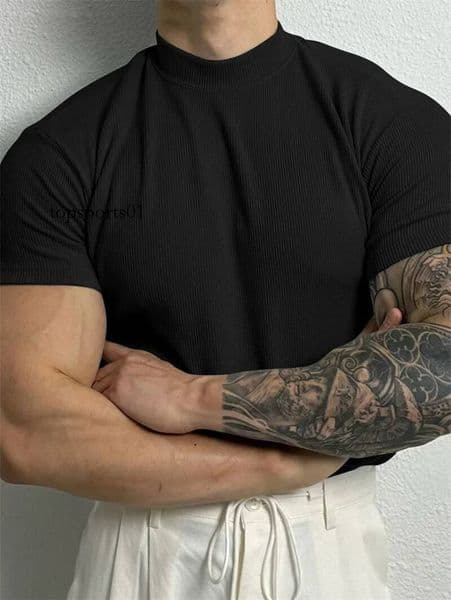 spring summer fashion Men's Small high collar stripe shirt short sleeve fitness top leisure sport T-shirt Men sportswear