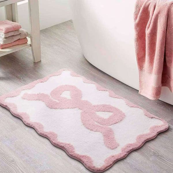 VIKAMA 1pcs Pink Bow Bath Mat for Bathroom Cute Preppy Rugs with Scalloped Edges, Soft Microfiber, Ultra Absorbent, Non-Slip 26Y0211