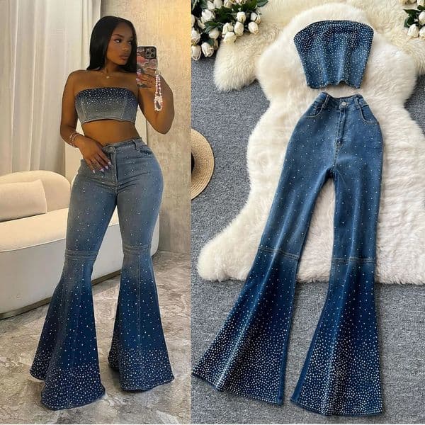 Denim Pant Set Women Two Piece Sets Sexy Matching Sets Sleeveless Short Tops Long Flare Pants High Waist Slim Diamond 260118