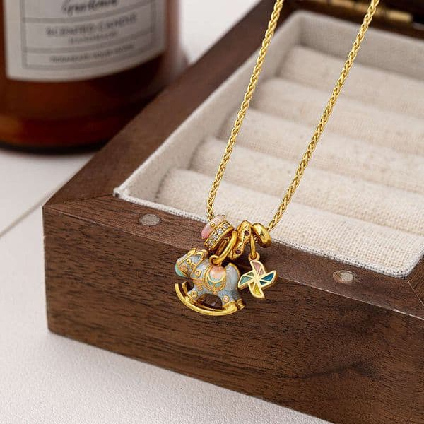 Luxury Women Jewelry Designer Necklace High Quality S925 Silver Enamel Macaron Color Gold Plated Rocking Horse Pendant Collarbone Sweater Necklace Q260523