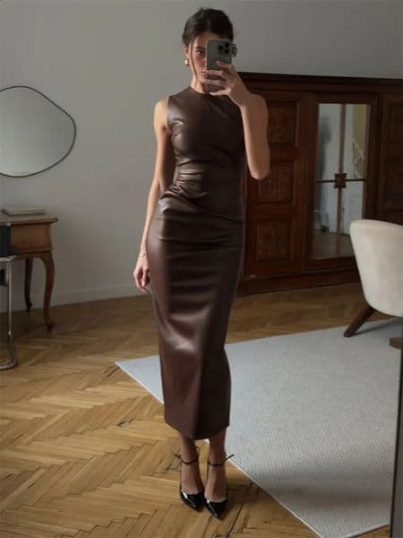 Tossy PU Sexy Fashion Maxi Dress For Women High Waist Sleeveless Slim Patchwork Solid Skinny Streetwear Female Bodycon 260126