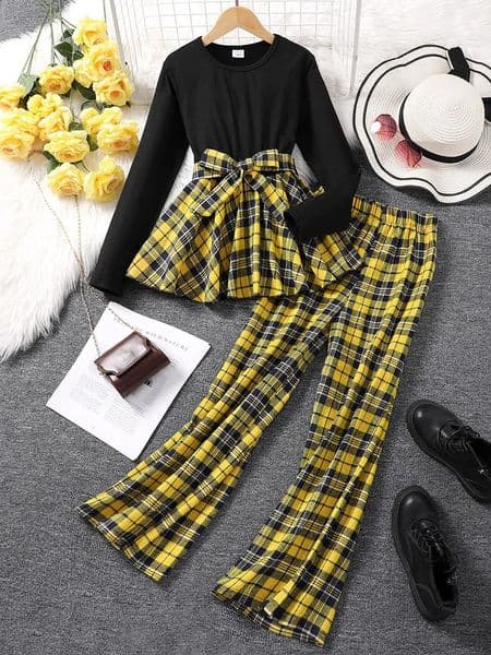 Autumn And Winter Girls High School Big Boy Sweet Cute Elegant Round Neck Long SleeveCheckered Pants Two Piece Set 260124