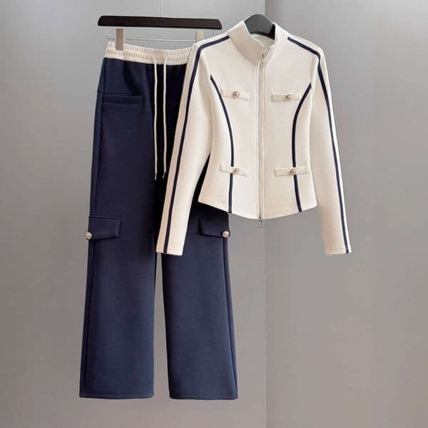 Elegant Casual Sports Suit For Women Autumn Winter With Three Dimensional Tailoring Slim Fit Stand Up Collar Sweatshirt And Wide Leg Pants Two Piece Set Luxury