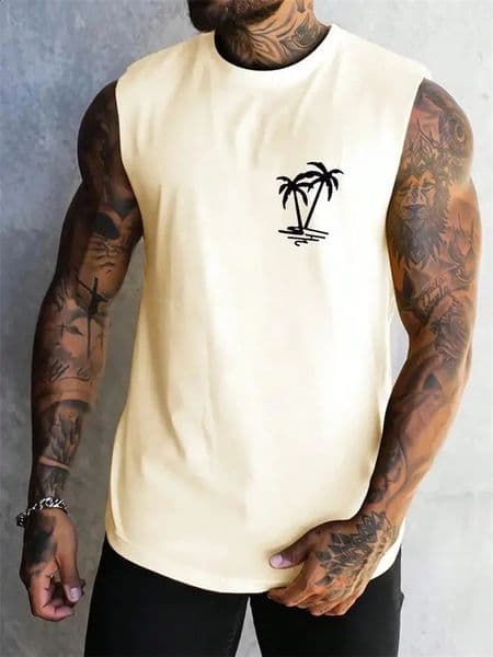 Summer Casual Style Mens Vest Coconut Tree Solid Color Sleeveless Fitness Top Mens Fashion Outdoor Fitness Vest Clothing 260206BJ