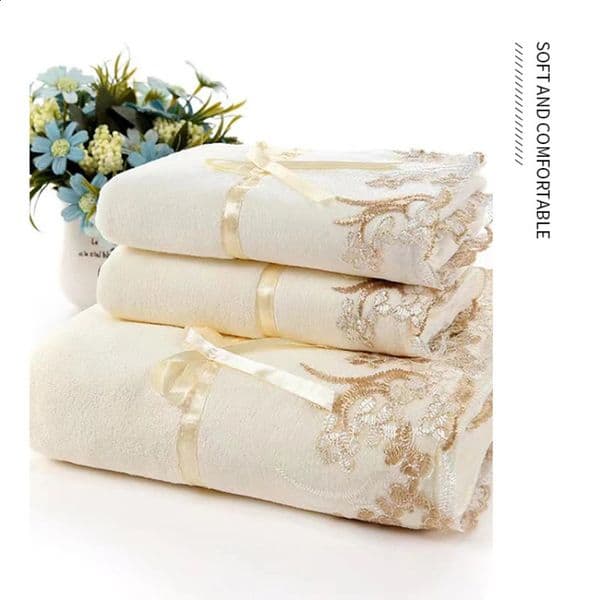 Plain Color Lace-Trimmed 3-Piece Set Soft Absorbent Embroidered Gift Towel Bath Towel Collection 260208