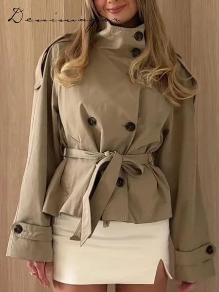 Street Womens Belt Cropped Trench Coat Elegant Stand Collar Double Breasted Long Sleeve Jacket 2025 Autumn Lady Commute Outwear 260120