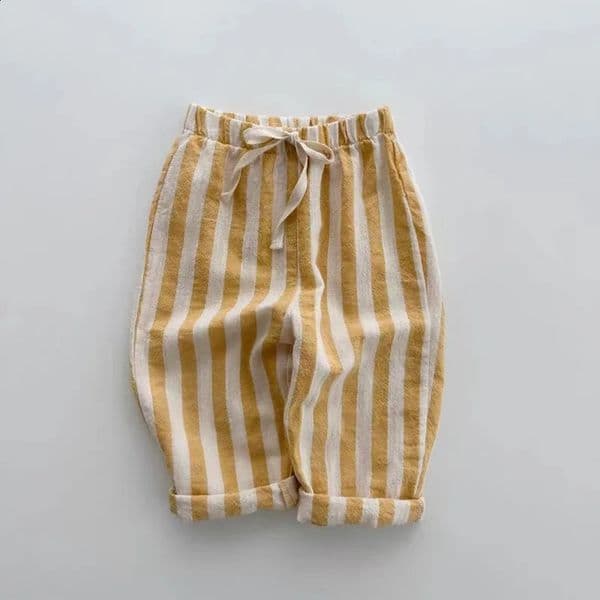 Vintage Linen Cotton Stripe Pants for Boys Casual Pocket n Elastics Waist Toddler Girl Clothing Children Trousers 260207