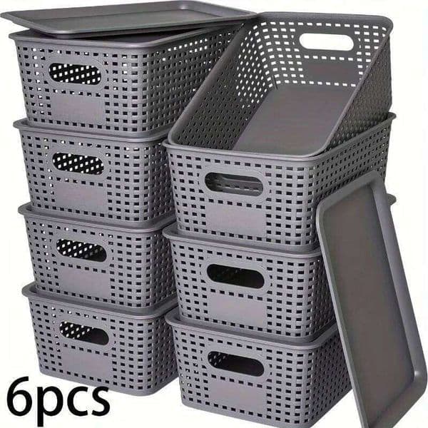 6PCS Stackable Box, Plastic Basket with Lid, Multi-purpose Household, Office, Desktop, Cabinet Storage Container 26Y0211