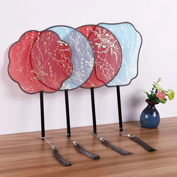Bridal Wedding Fan Chinese Show Clothes Happy Fan Female Hanfu Red Applique Gold Dance Round Fan 260208