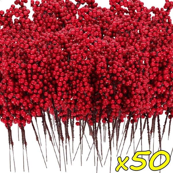50/1branch Christmas Artificial Berries Stem Red Holly Berry Flowers Plant for Xmas Tree Year Party Home Decor Ornament 260128