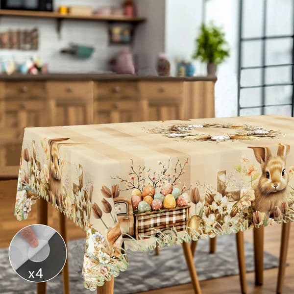 1 Piece of Easter Round Tablecloth Available in 5 Sizes Featuring Cute Bunny and Chick s Paired with Painted Eggs Plaid Truck Full of Spring Bouquets and Wre 260208
