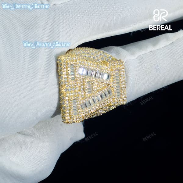 Custom Letter a Vvs Iced Out Baguette Moissanite Hip Hop Ring Pass Diamond Test 925 Silver 14K Gold Plated Fine Jewelry for Men