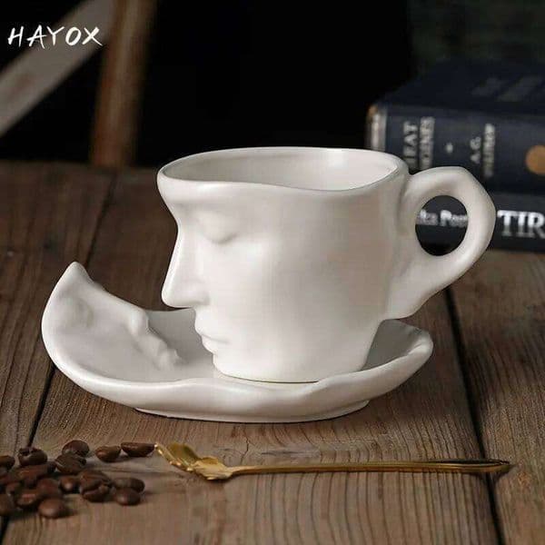 NEW Thingking Creative Cup and Saucer Ceramic Face Model Coffee Mug Kitchen Bar Supplies Coffeeware Set 2023 26W0211