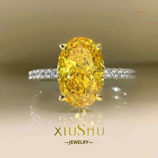 5 CT Yellow Diamond Color Ring Women Imported High Carbon Radiant Ice Cut 925 Sterling Silver 18K Gold Plated Egg Shape Prong