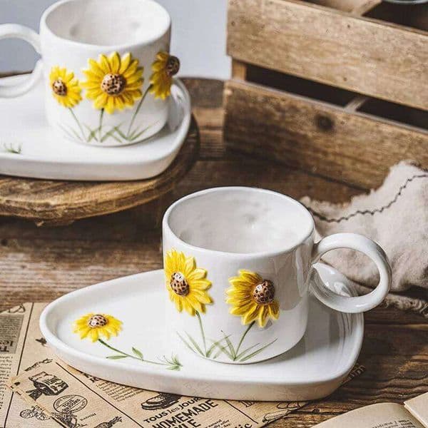 1 Set Ceramic Sunflower Coffee Mug With Dessert Plate Novelty 3D Cake Saucer Afternoon Tea Milk Teacup 430ml Microwave Safe 26W0211