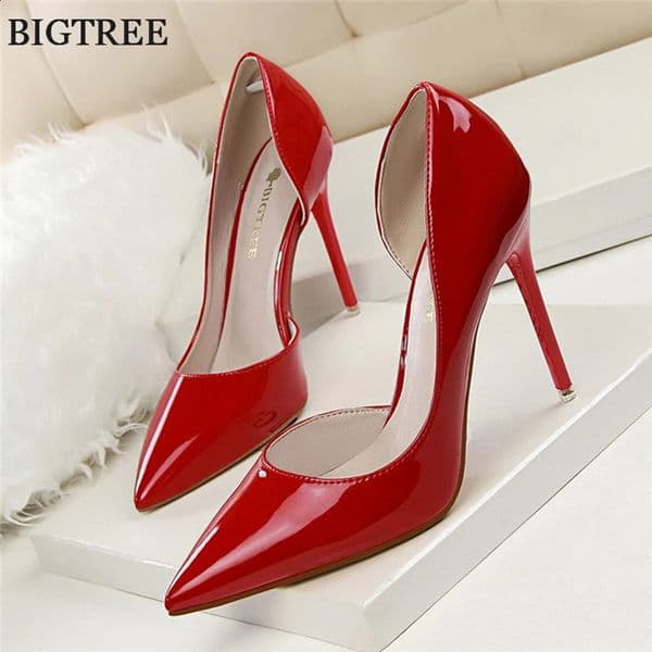 BIGTREE Shoes Patent Leather Woman Pumps Pointed Stiletto Fashion Women Work Shoes Sexy Cut-Outs High Heel Shoe Ladies Party 260123