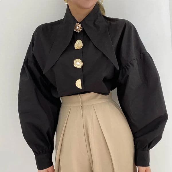 White Elegant Pearl Women Shirts Korean Sharp Corner Collar Loose Long Sleeve Ladies Blouse Y2k Fashion Chic Female Tops 260128