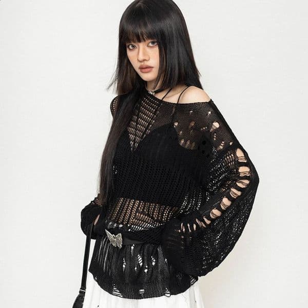 Y2K Hollow Out Knitted Pullover Korean Harajuku Oversized Sweater Summer Sexy Slash Collar Long Sleeve Sunscreen Jumper 260209