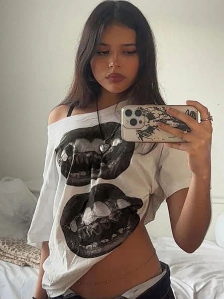 American Street Hip Hop Mouth Print Loose T-shirt Women Personalized Casual Top 260130BJ