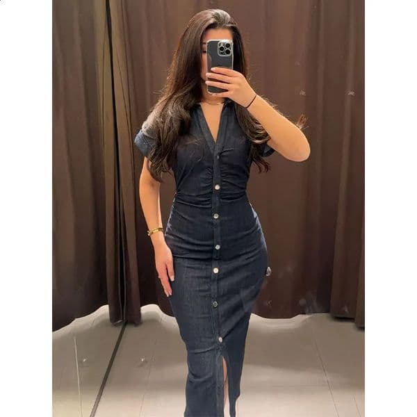 Long Dresses Woman Fashion Summer Vneck Single Breasted Slim Fit Denim Skirts Womens Clothing Tops 260126