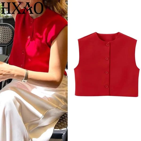 HXAO Short Women Vest Top Sleeveless Button Lady In 2024 Summer ONeck Fashion Casual Elegant Office Clothing 260209