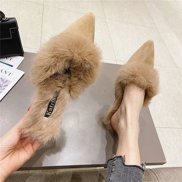 LazySeal Square Heel Warm Real Rabbit Hair Slippers Winter Pointed Toe Fur Square Heel Lady Mujer Indoor Slides 260124