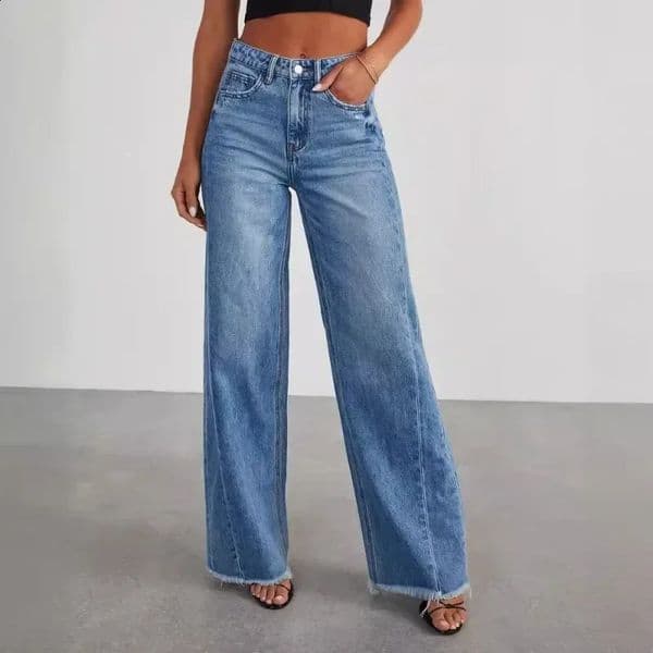 Spring Summer Womens Clothing Solid Color Loose Wide Leg Side Seam Stitching Frayed Hem Jeans 260209BJ