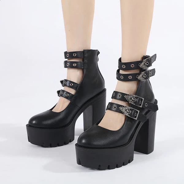 Gdgydh Goth Style Women Block Heels for Halloween Fashion Buckle Strap Dress Pumps Platform Mary Jane Shoes Stylish Back Zipper 260208
