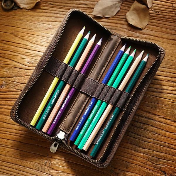Vintage Full-Grain Leather Pen Case - Crazy Horse Leather Square Zipper Pouch Creative Pencil Box with Genuine Cowhid 260203BJ