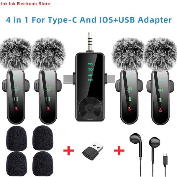 Pink 1 in 4 Lavalier Microphone Noise Cancelling Wireless With Wind Muff Lapel Mic For iPhone Android Camera 4 Pack LED Display 260203