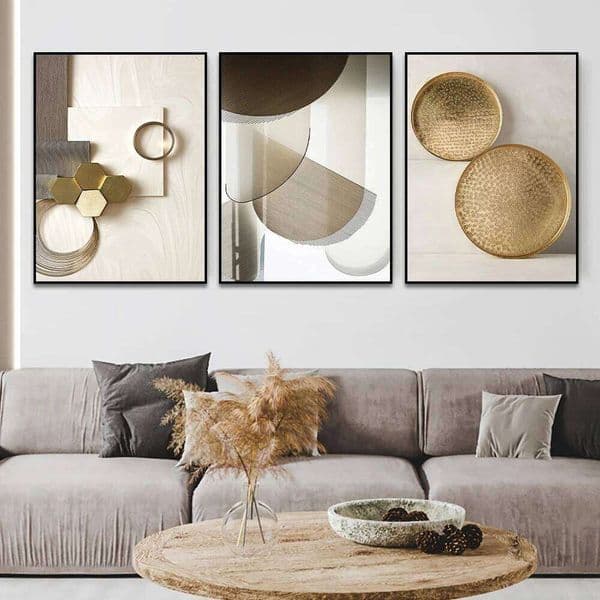 3PCS Frameless Abstract Beige and Gold Geometric Poster Modern Wall Art Pictures Minimalist Canvas Painting for Living Room Home 26Y0224