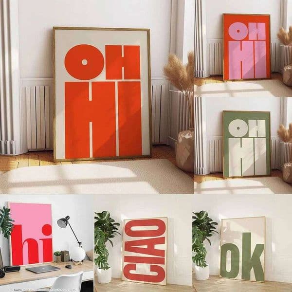 OH HI and CAIO Modern Typography Canvas Print Bold Font Wall Art Poster for Living Room Bedroom Dormitory Home Decoration 26Y0224