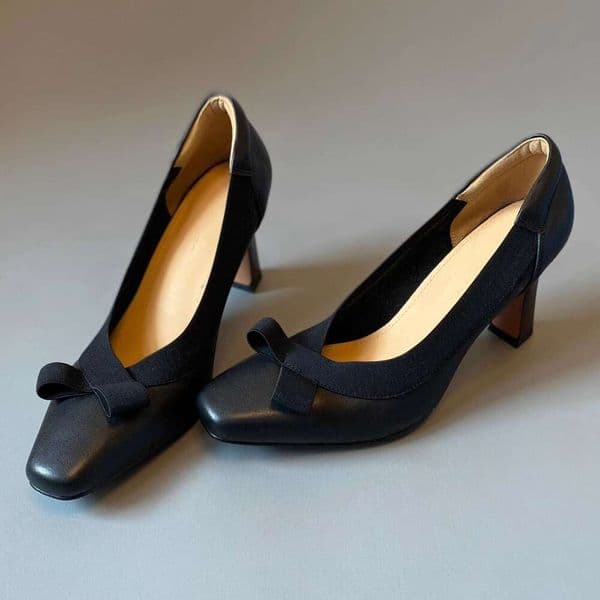 Women Minimalist Square Toe Heels Black & Brown Leather Pumps with Elastic Bow Detail, Comfortable Office & Daily Wear Shoes