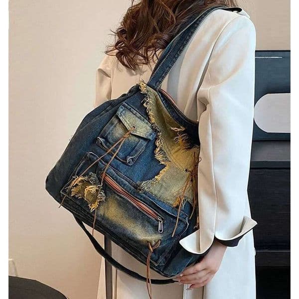 OLOEY Denim Y2k Womens Shoulder Vintage Washed Distressed Fashion Female Messenger Bag Large Capacity Ladies Handbag Sac Totes