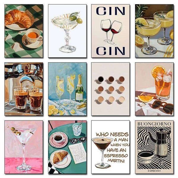 Cocktail Coffee and Croissant Espresso Cin Wine Canvas Painting Print Kitchen Wall Art for Living Room Home Bar Decor Mural 26L0224