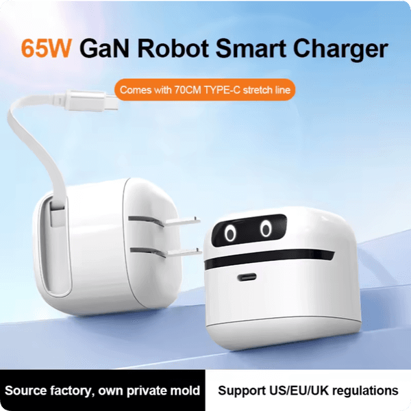 PD65W GaN Charger Robot Fast Charging with Retractable Cable Type-C Fast Charger Head 65W Output Power OTP Protection