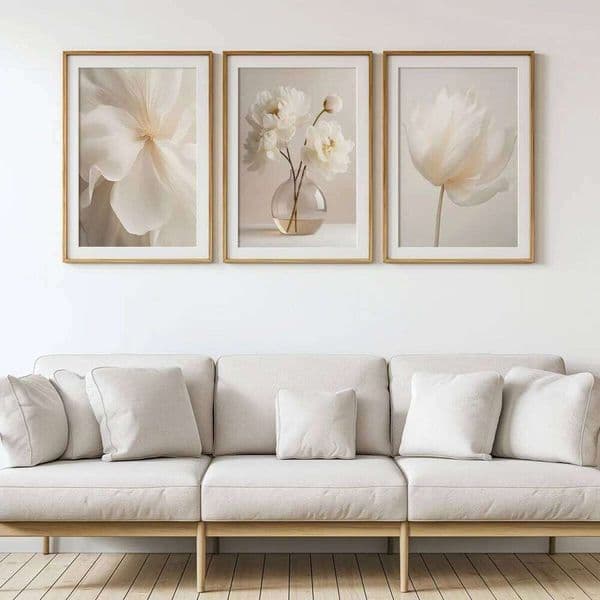 Set of 3 Simple White Peony Neutral Modern Art Prints, Beige Plant Canvas Poster, Photo Flower Gallery Bedroom, Living Dining Room, 26Y0224