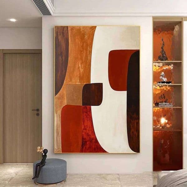 Large Abstract Geometric Handmade Dark Brown Red Wall Art Beige Minimalist Canvas Painting Living Room Deco 26L0224