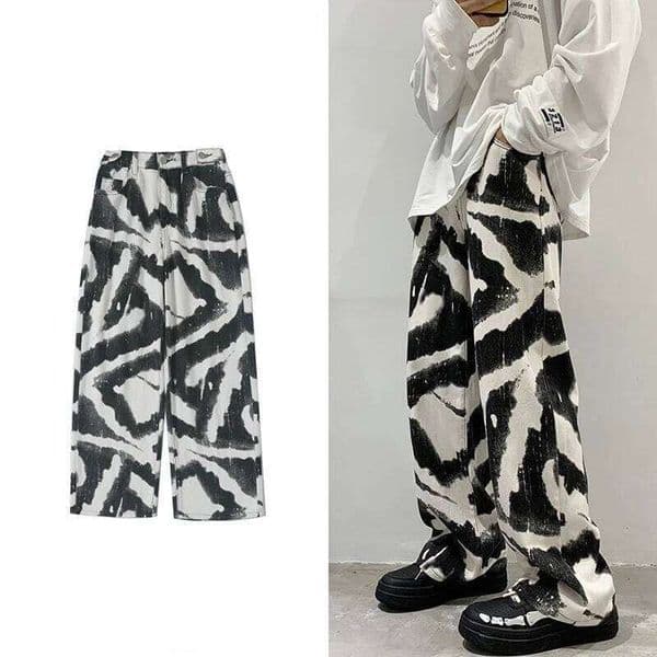 Streetwear Zebra Printed Jeans Men Straight Casual Wide Leg Oversize Denim Pants Hip Hop Animal Baggy Trousers Male L260224